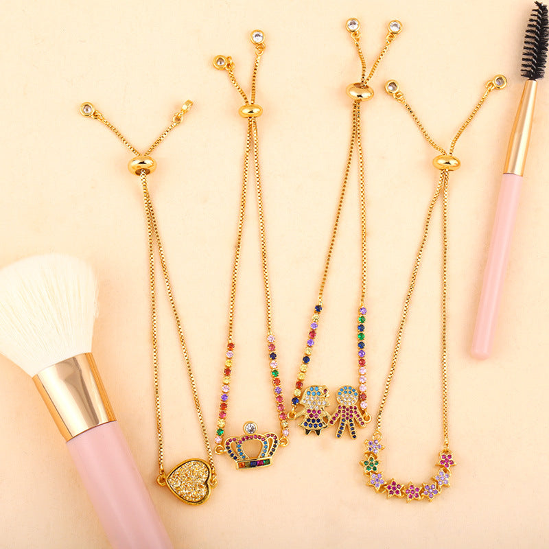 Diamante al por mayor Diamante de color espumoso Heart Heart Cross Crown Copper Pulsera